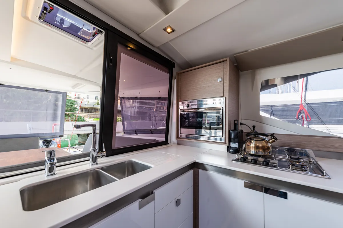 Galley of Rih, a Fountaine Pajot Isla 40 catamaran at Municipal Unit of Lefkada, Greece