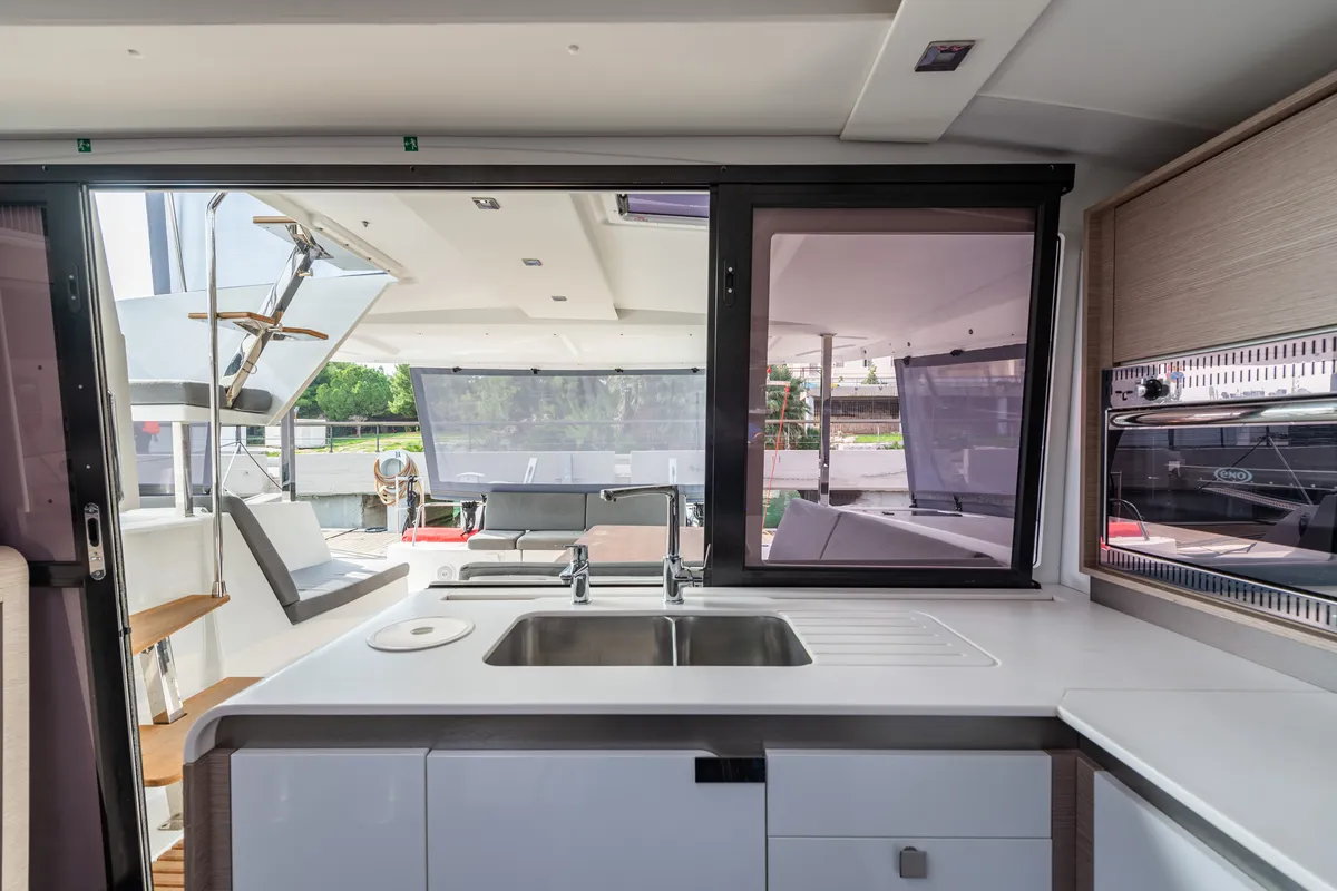 Galley of Rih, a Fountaine Pajot Isla 40 catamaran at Municipal Unit of Lefkada, Greece
