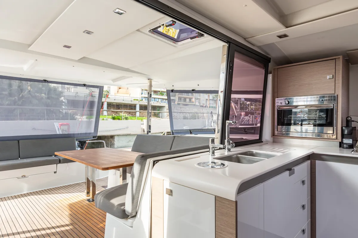 Galley of Rih, a Fountaine Pajot Isla 40 catamaran at Municipal Unit of Lefkada, Greece