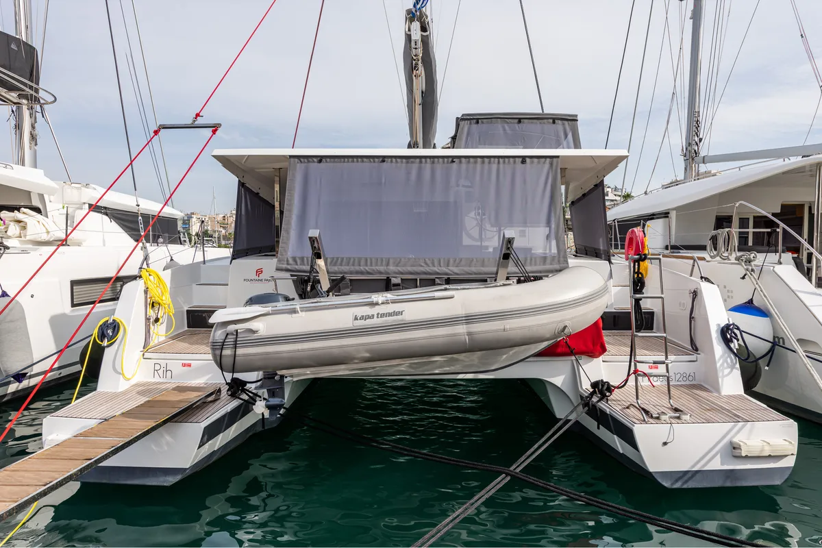 Exterior view of Rih, a Fountaine Pajot Isla 40 catamaran at Municipal Unit of Lefkada, Greece