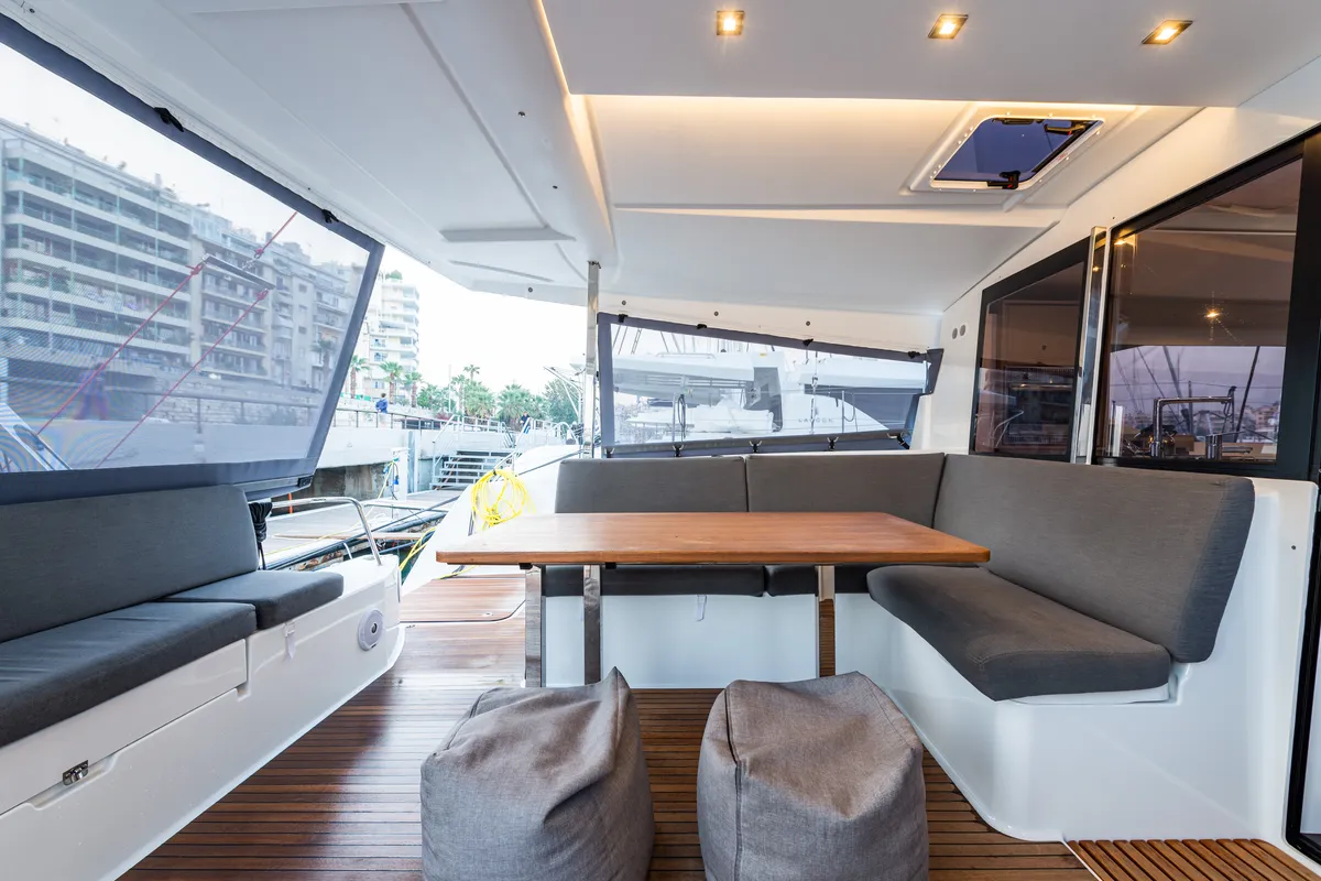 Deck of Rih, a Fountaine Pajot Isla 40 catamaran at Municipal Unit of Lefkada, Greece