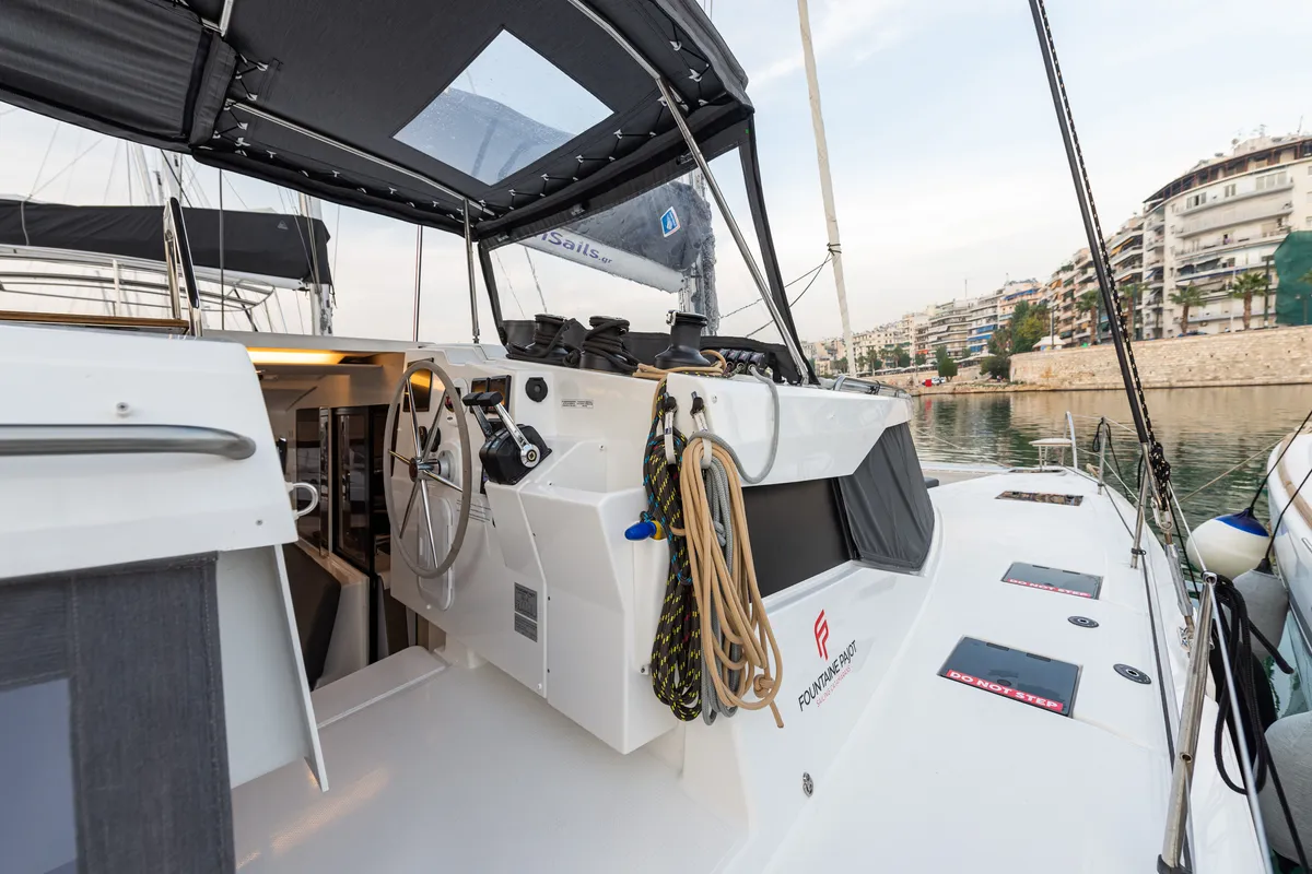 Cockpit of Rih, a Fountaine Pajot Isla 40 catamaran at Municipal Unit of Lefkada, Greece