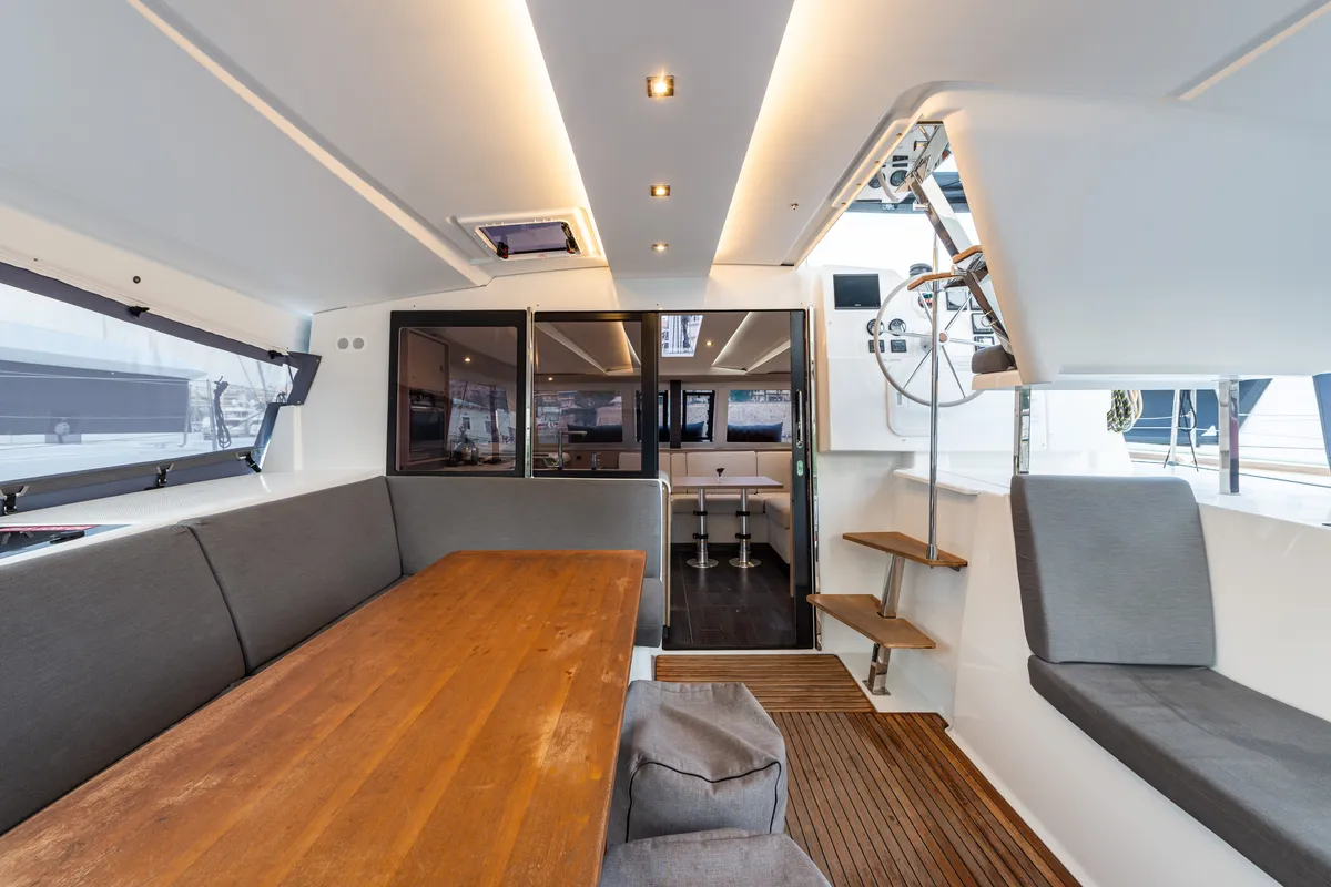 Deck of Rih, a Fountaine Pajot Isla 40 catamaran at Municipal Unit of Lefkada, Greece