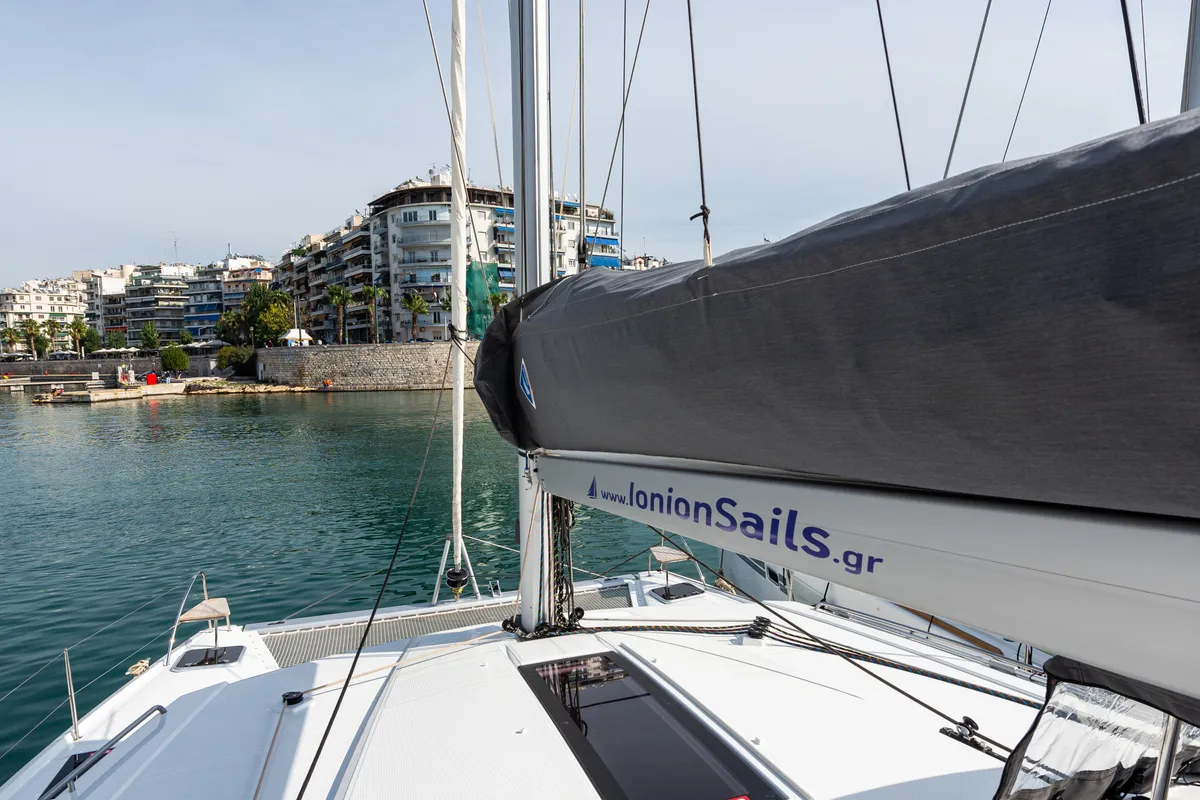 Exterior view of Rih, a Fountaine Pajot Isla 40 catamaran at Municipal Unit of Lefkada, Greece