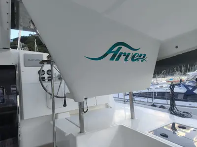 Cockpit of Arven, a Fountaine Pajot Isla 40 catamaran at Marmaris, Turkey