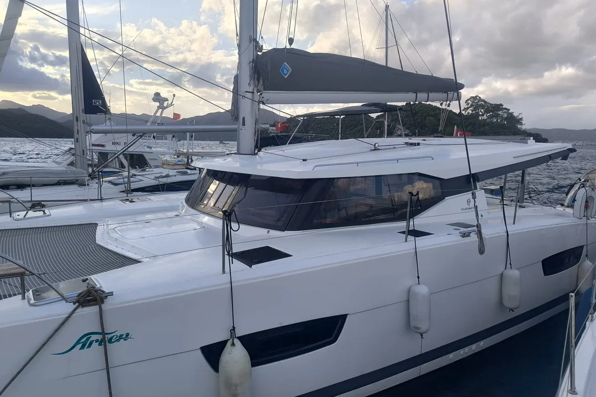 Exterior view of Arven, a Fountaine Pajot Isla 40 catamaran at Marmaris, Turkey
