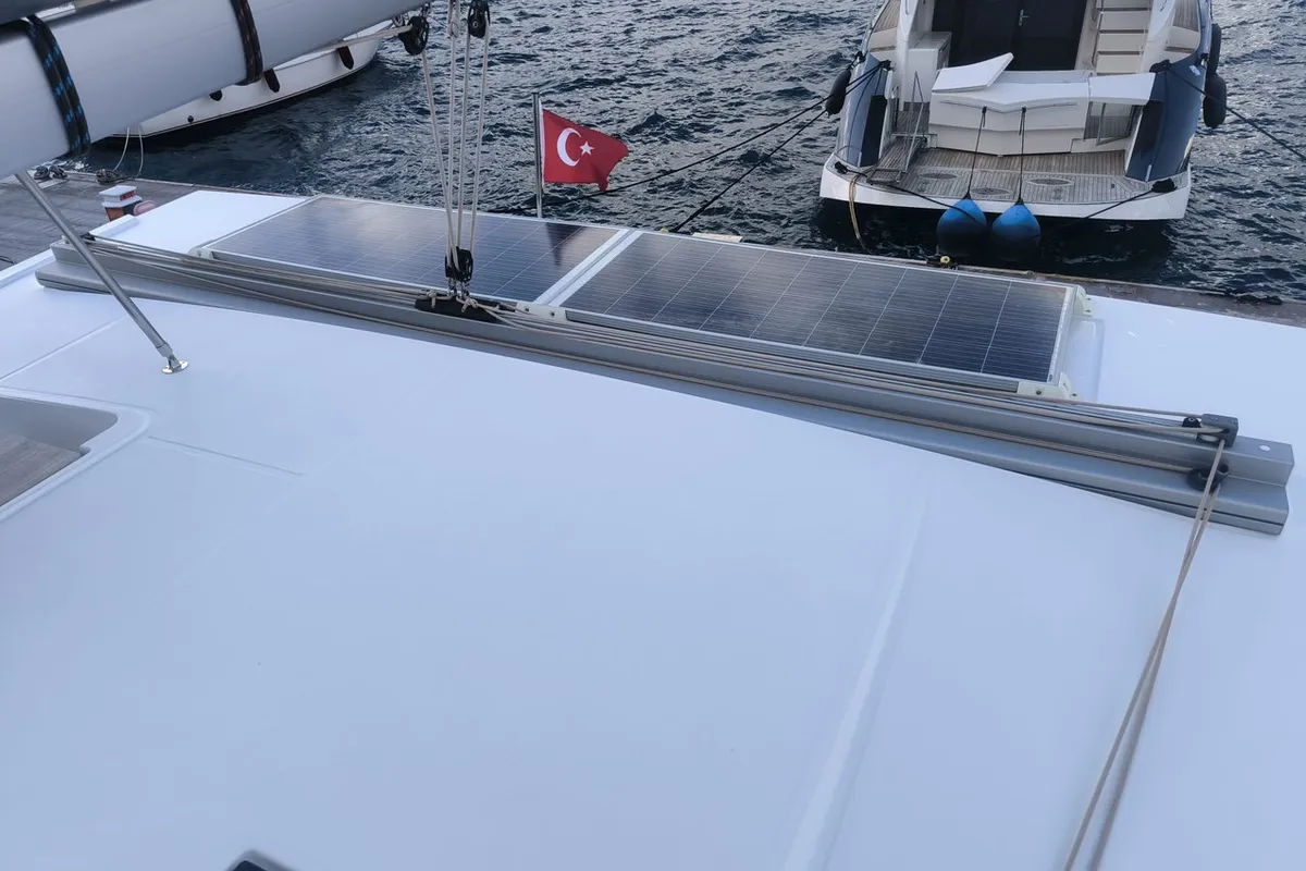 Deck of Arven, a Fountaine Pajot Isla 40 catamaran at Marmaris, Turkey