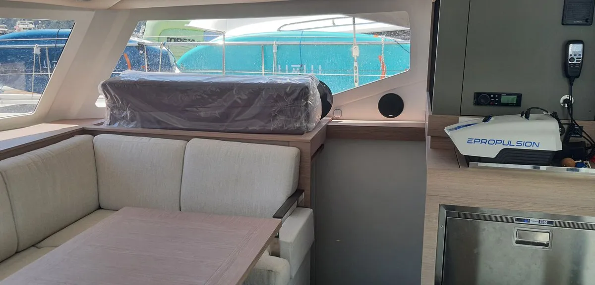 Salon of Arven, a Fountaine Pajot Isla 40 catamaran at Marmaris, Turkey