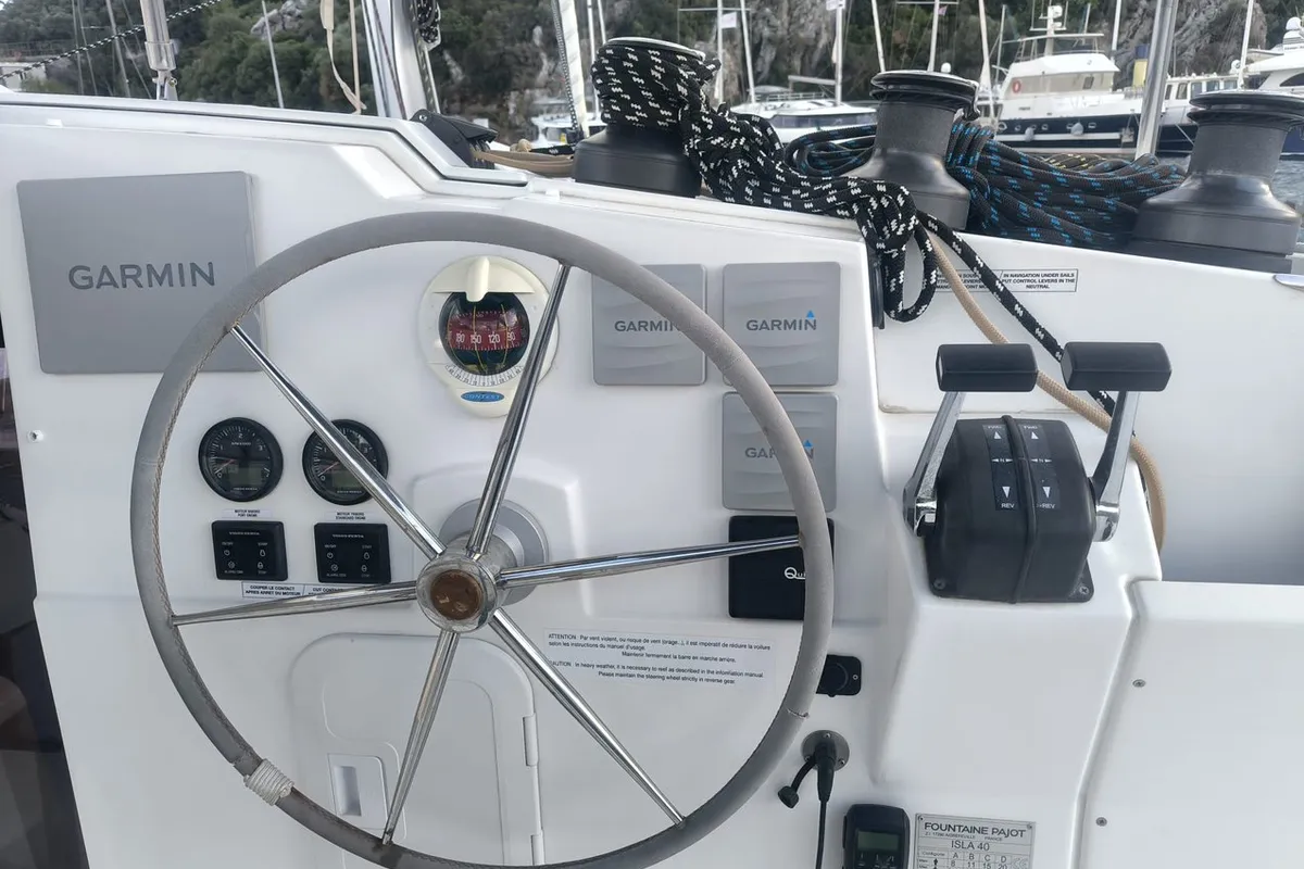 Cockpit of Arven, a Fountaine Pajot Isla 40 catamaran at Marmaris, Turkey
