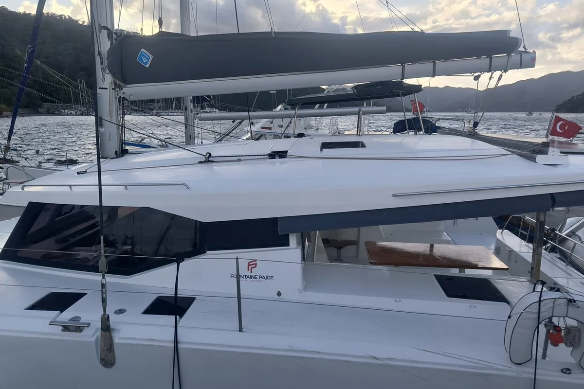 Exterior view of Arven, a Fountaine Pajot Isla 40 catamaran at Marmaris, Turkey