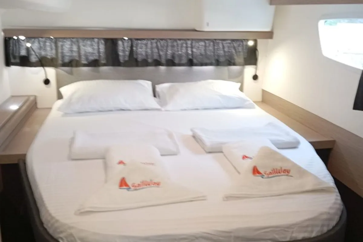 Cabin on Arven, a Fountaine Pajot Isla 40 catamaran at Marmaris, Turkey
