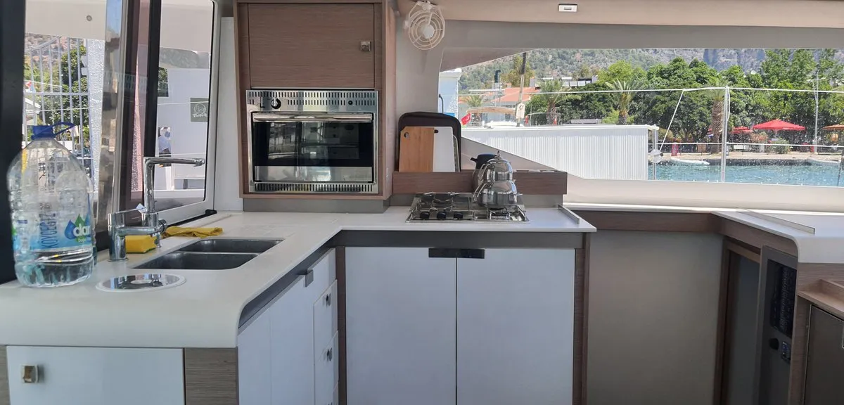Galley of Arven, a Fountaine Pajot Isla 40 catamaran at Marmaris, Turkey