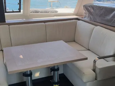 Salon of Arven, a Fountaine Pajot Isla 40 catamaran at Marmaris, Turkey