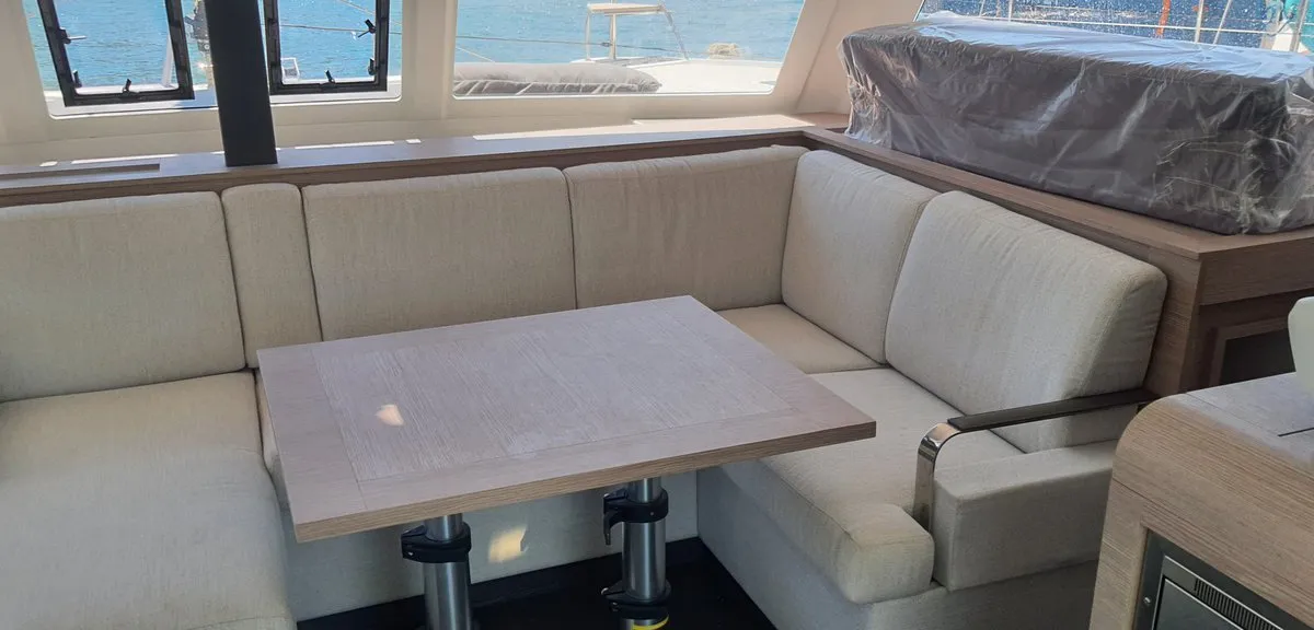 Salon of Arven, a Fountaine Pajot Isla 40 catamaran at Marmaris, Turkey