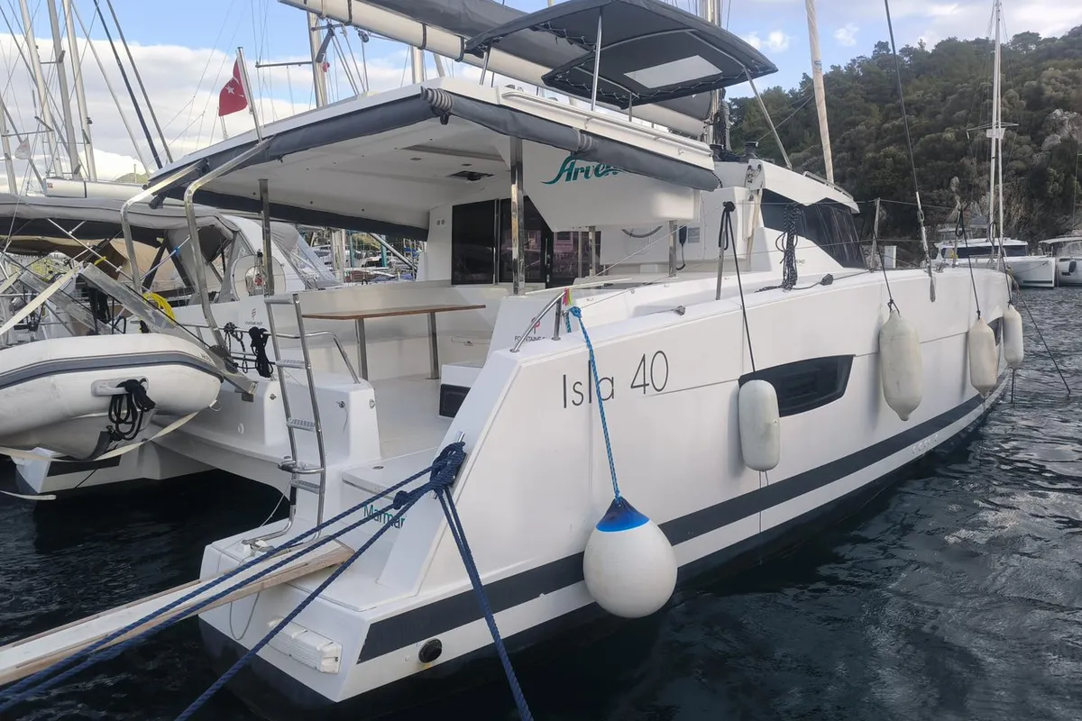 Exterior view of Arven, a Fountaine Pajot Isla 40 catamaran at Marmaris, Turkey