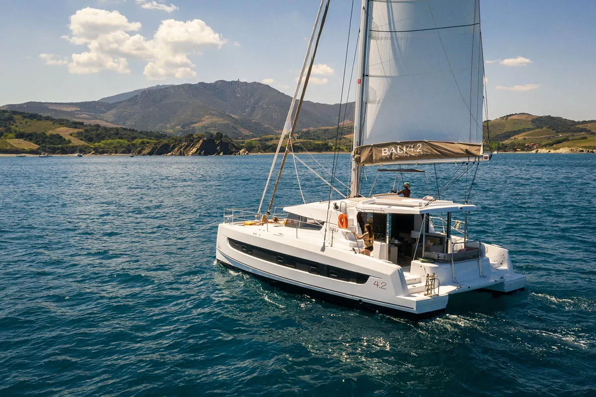 Exterior view of Sugar Daddy, a Bali 4.2 catamaran at Roche Caiman, Seychelles