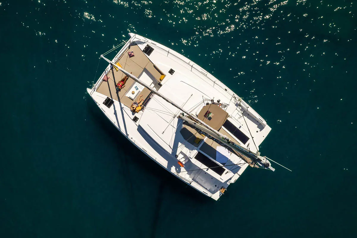 Exterior view of Sugar Daddy, a Bali 4.2 catamaran at Roche Caiman, Seychelles