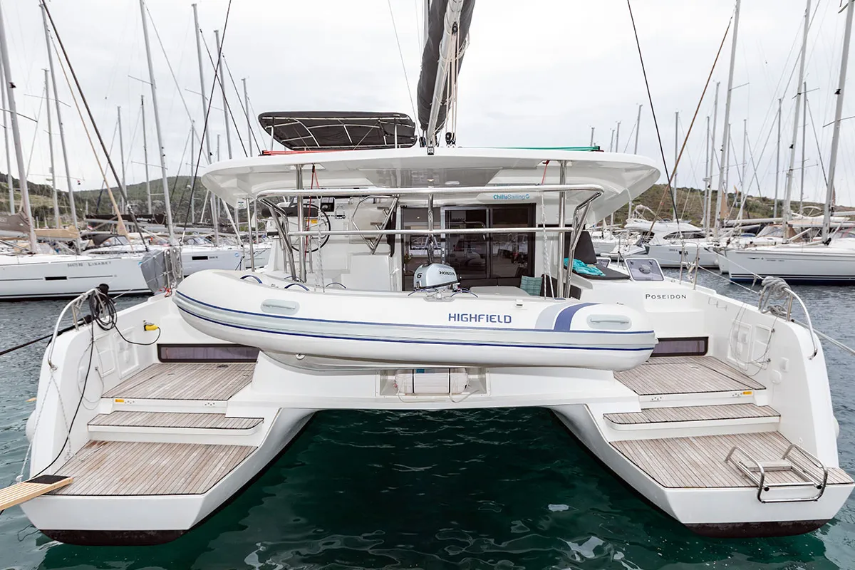 Exterior view of POSEIDON 2021 (air condition, generator), a Lagoon 42 catamaran at Primošten, Croatia