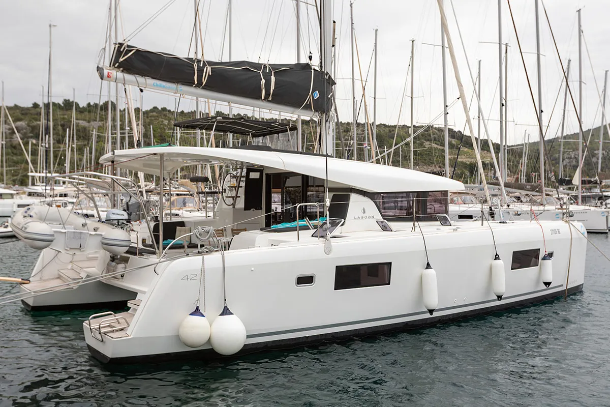 Exterior view of POSEIDON 2021 (air condition, generator), a Lagoon 42 catamaran at Primošten, Croatia