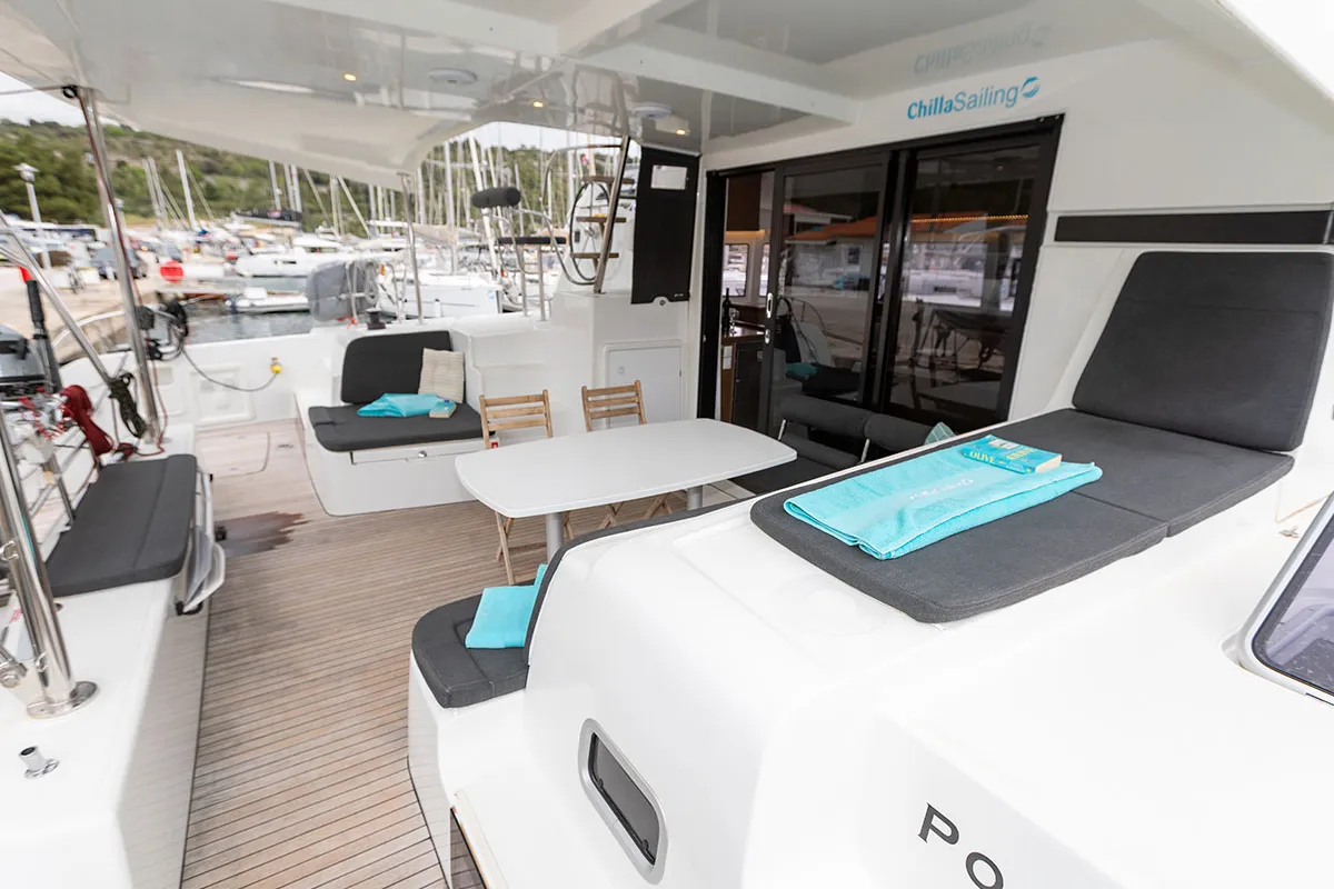 Deck of POSEIDON 2021 (air condition, generator), a Lagoon 42 catamaran at Primošten, Croatia