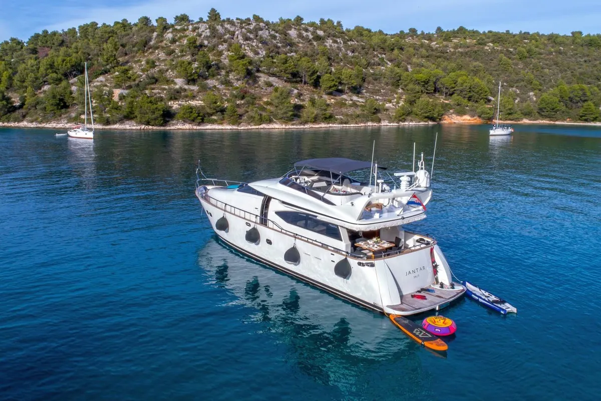 Exterior view of Jantar, a Maiora 20S motor yacht at Split, Croatia