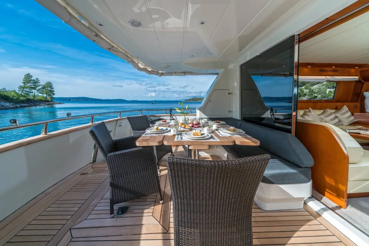 Deck of Jantar, a Maiora 20S motor yacht at Split, Croatia
