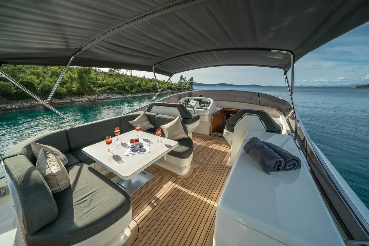 Deck of Jantar, a Maiora 20S motor yacht at Split, Croatia