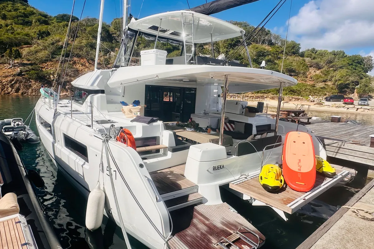 Exterior view of Eldamar, a Lagoon 51 catamaran at Grad Trogir, Croatia