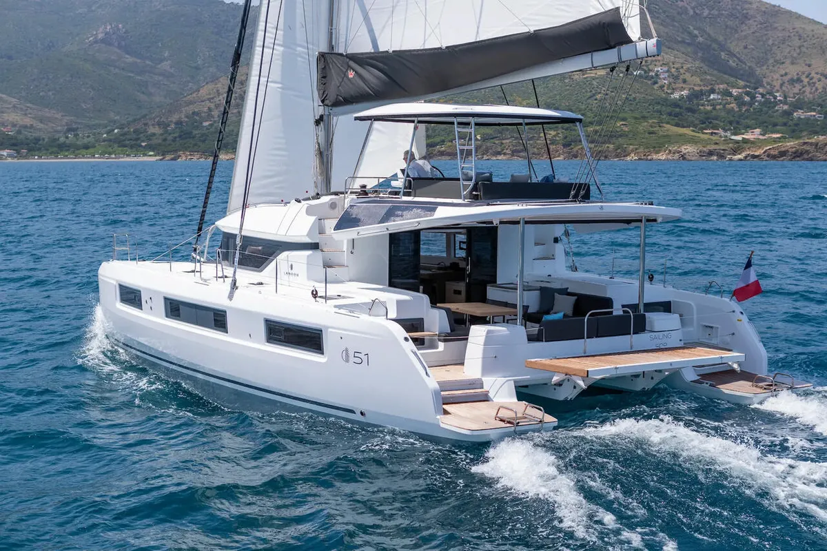 Exterior view of Eldamar, a Lagoon 51 catamaran at Grad Trogir, Croatia
