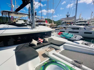Deck of Eldamar, a Lagoon 51 catamaran at Grad Trogir, Croatia
