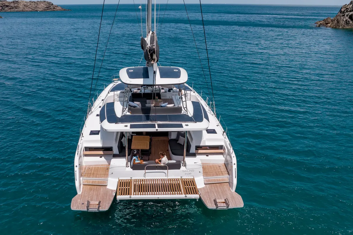 Exterior view of Eldamar, a Lagoon 51 catamaran at Grad Trogir, Croatia