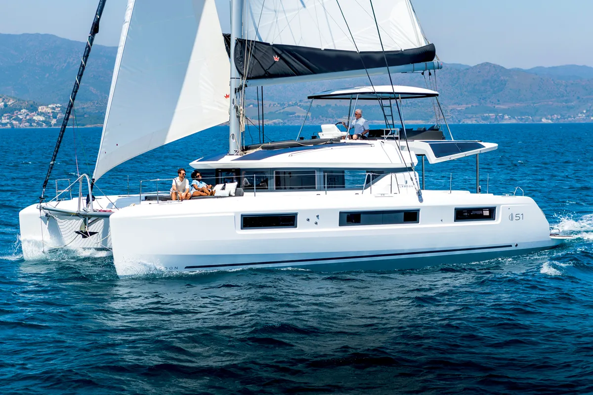 Exterior view of Eldamar, a Lagoon 51 catamaran at Grad Trogir, Croatia