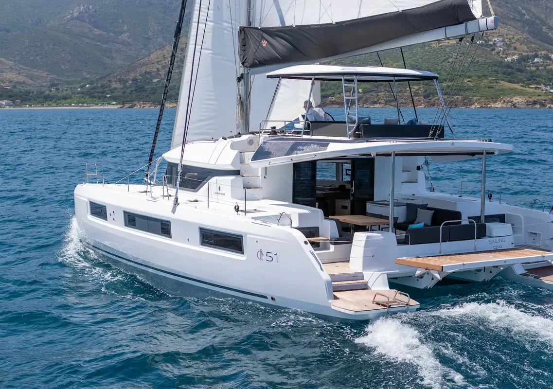 Exterior view of Eldamar, a Lagoon 51 catamaran at Grad Trogir, Croatia