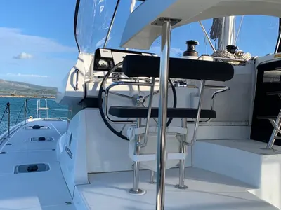 Cockpit of KARMA, a Lagoon 42 catamaran at Lefkada, Greece