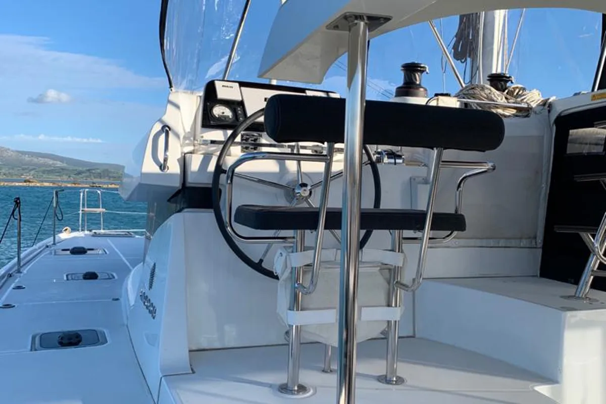 Cockpit of KARMA, a Lagoon 42 catamaran at Lefkada, Greece