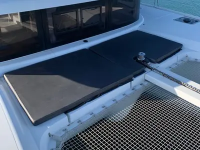 Deck of KARMA, a Lagoon 42 catamaran at Lefkada, Greece