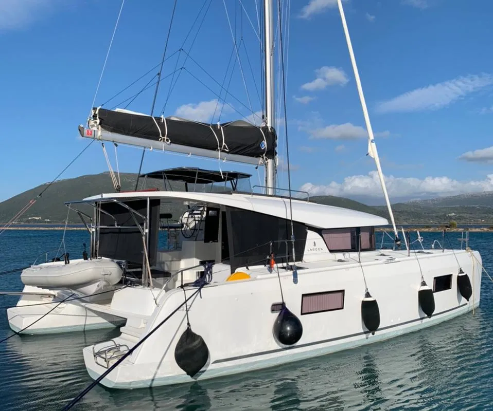 Exterior view of KARMA, a Lagoon 42 catamaran at Lefkada, Greece