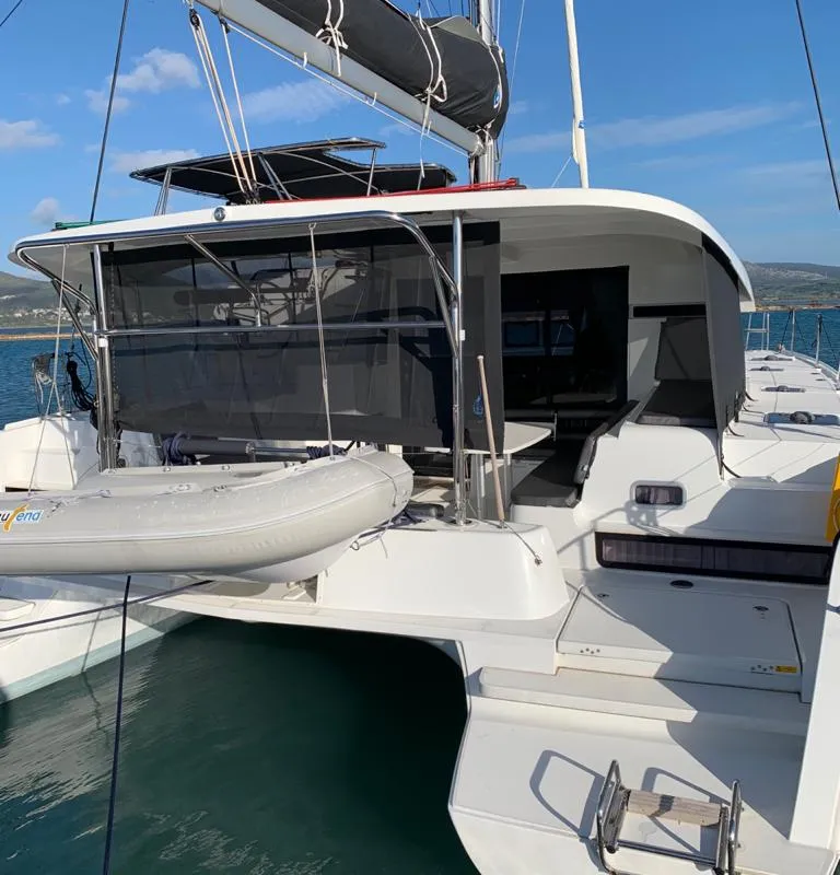 Deck of KARMA, a Lagoon 42 catamaran at Lefkada, Greece