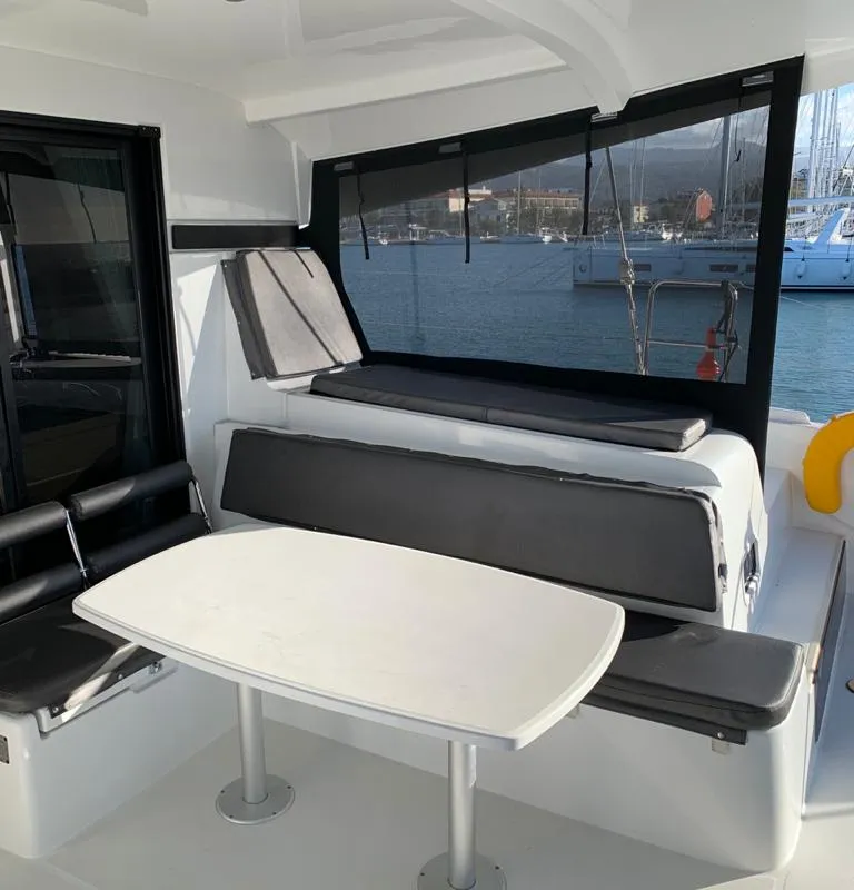 Deck of KARMA, a Lagoon 42 catamaran at Lefkada, Greece