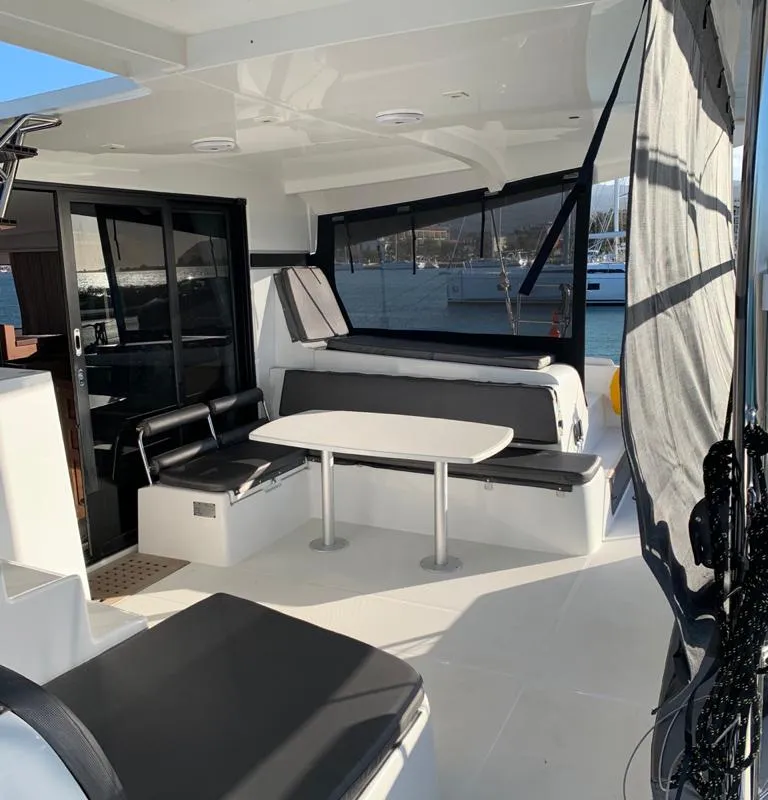 Deck of KARMA, a Lagoon 42 catamaran at Lefkada, Greece