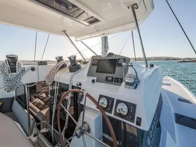 Cockpit of Moorings 5000 Exclusive, a Leopard 50 catamaran at Nassau, Bahamas