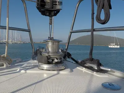 Deck of Juniper, a Bavaria 50 Cruiser sailboat at Lefkada, Greece