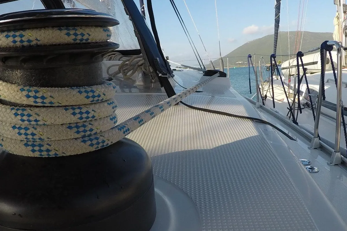 Deck of Juniper, a Bavaria 50 Cruiser sailboat at Lefkada, Greece