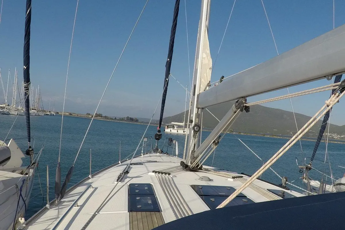 Deck of Juniper, a Bavaria 50 Cruiser sailboat at Lefkada, Greece
