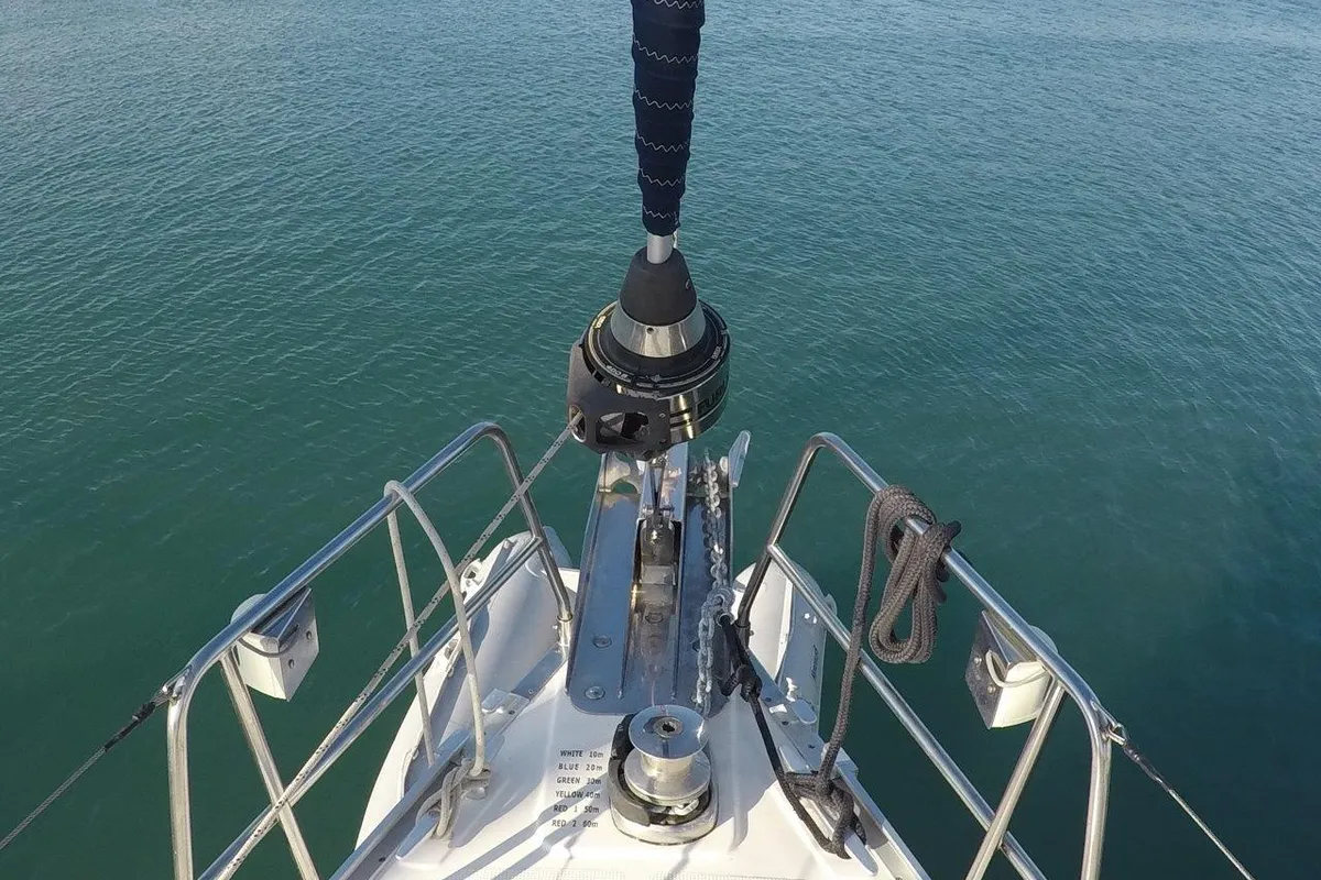 Deck of Juniper, a Bavaria 50 Cruiser sailboat at Lefkada, Greece