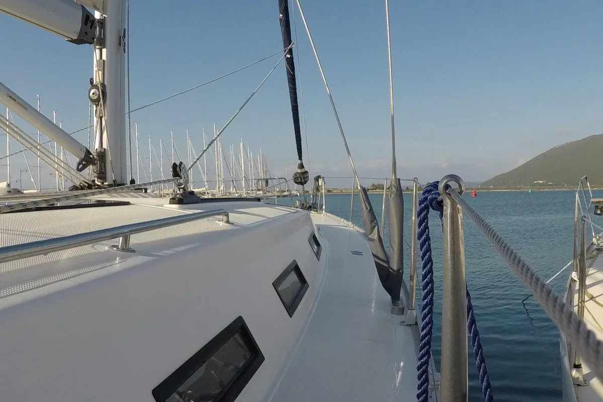 Deck of Juniper, a Bavaria 50 Cruiser sailboat at Lefkada, Greece