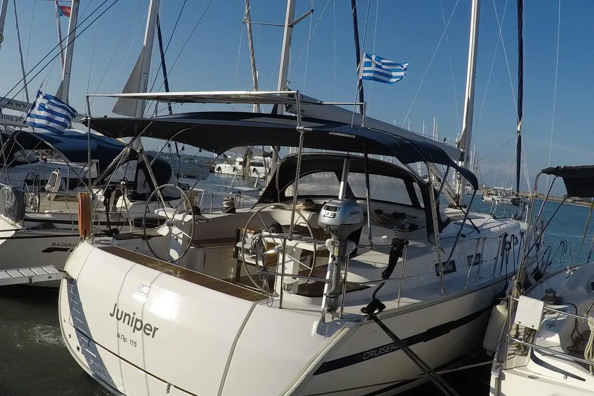 Exterior view of Juniper, a Bavaria 50 Cruiser sailboat at Lefkada, Greece