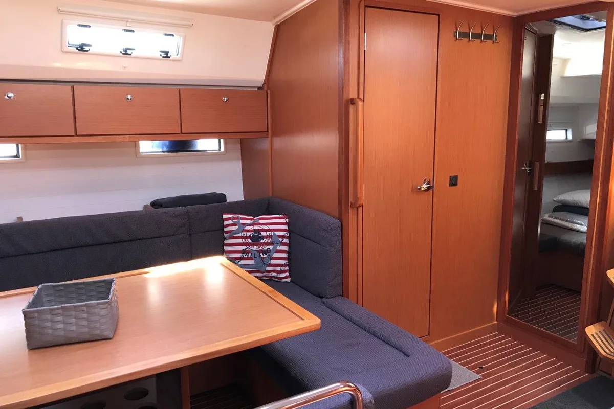 Salon of Juniper, a Bavaria 50 Cruiser sailboat at Lefkada, Greece
