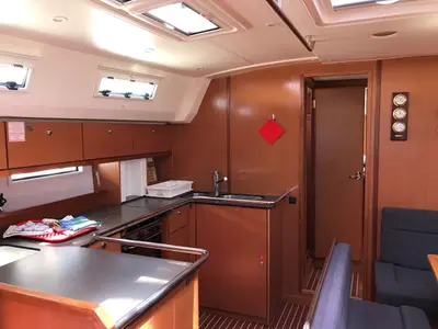 Galley of Juniper, a Bavaria 50 Cruiser sailboat at Lefkada, Greece