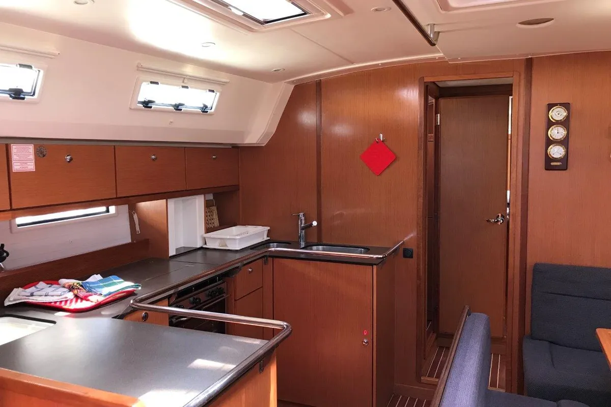 Galley of Juniper, a Bavaria 50 Cruiser sailboat at Lefkada, Greece